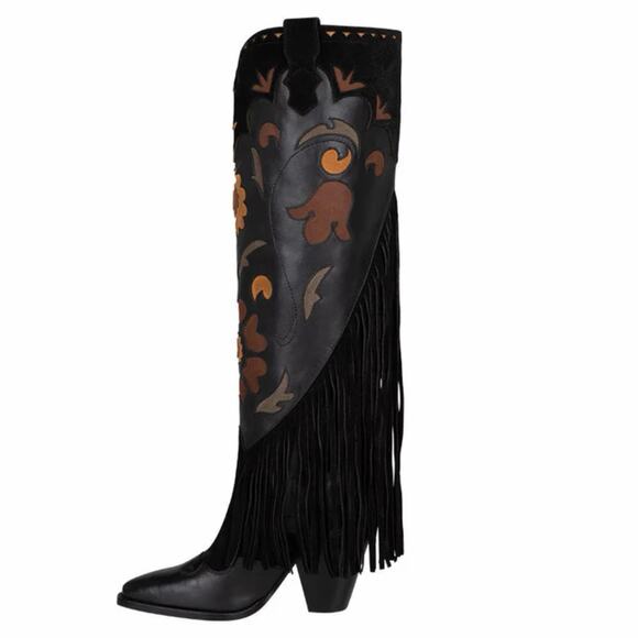 NWT Spell Sannah Fringe Onyx Black Leather Suede Western Tall Boots - Picture 6 of 16